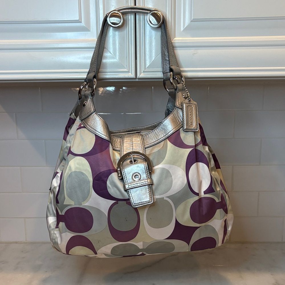 Coach Bag Purse Handbag soho Signature Satin Scarf Print Buckle Hobo XL Shoulder